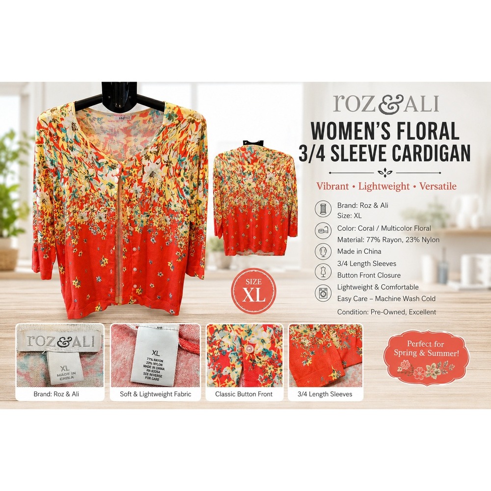 Roz & Ali Womens XL Cardigan Sweater Red Floral 3/4 Sleeve Button Front Knit Top